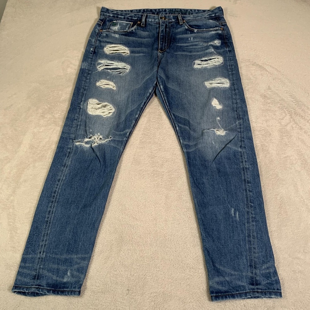 Tortoise Jeans Mens 35x28 Blue Medium Wash Distressed‎ Ripped Skinny Slim Denim